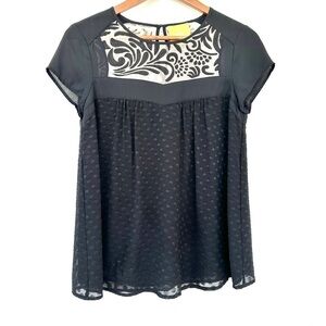 Maeve top with crew neck, short sleeves, sheer  over-layer, flocking, loose fit